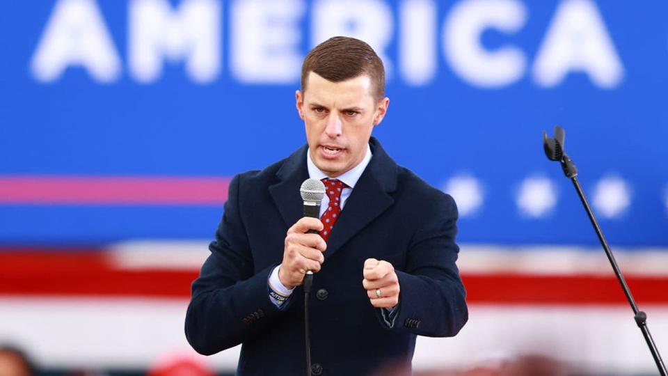 <div>MUSKEGON, MI - OCTOBER 17: Speaker of the Michigan House of Representatives Lee Chatfield speaks during a campaign rally on October 17, 2020 in Muskegon, Michigan. After testing positive and reportedly recovering from the coronavirus, President Trump has ramped up his schedule of public events as he continues to campaign against Democratic presidential nominee Joe Biden ahead of the November election. (Photo by Rey Del Rio/Getty Images)</div>