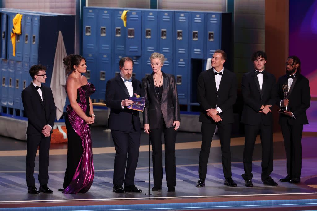 stephen nedoroscik, ilona maher, brendan hunt, jane lynch, caeleb dressel and ezra frech at the 76th primetime emmy awards held at peacock theater on september 15, 2024 in los angeles, california photo by christopher polkvariety via getty images