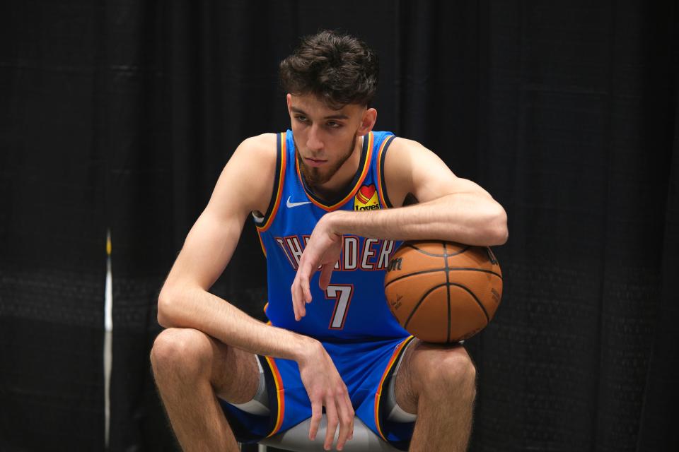 Chet Holmgren (7) poses for a photo at Thunder Media Day, held in the Oklahoma City Convention Center on Monday, Oct. 2, 2023.