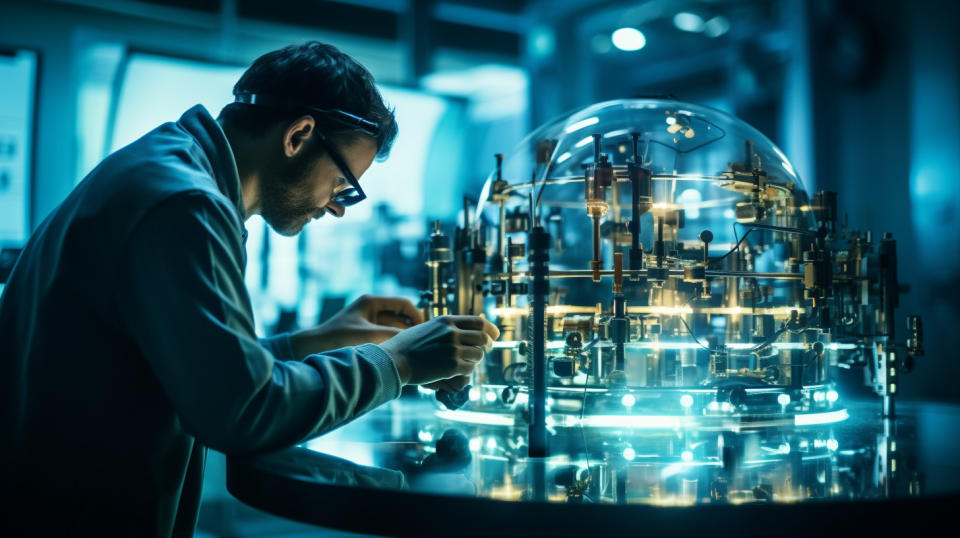 An engineer working in a high-tech lab, calibrating parts for a liquid ring pump.