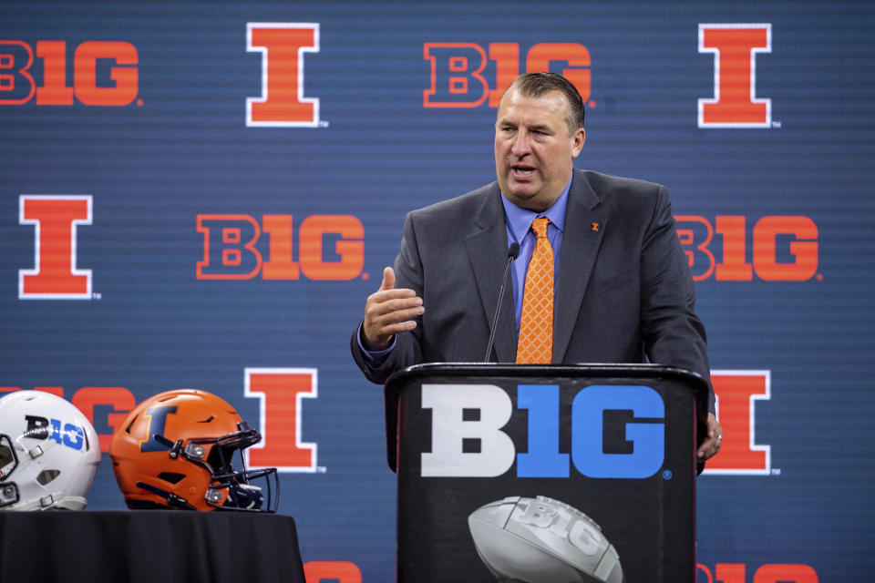 University of Illinois head coach Bret Bielema speaks during an NCAA college football news conference at the Big Ten Conference media days, Thursday, July 22, 2021, at Lucas Oil Stadium in Indianapolis. (AP Photo/Doug McSchooler)