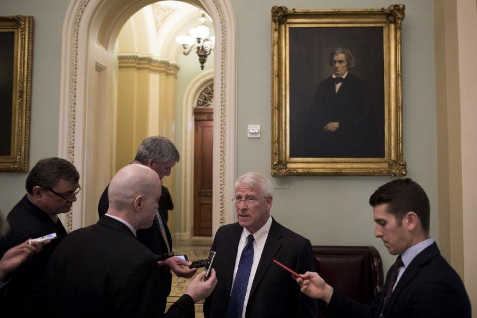 Sen. Roger Wicker, R-Miss., speaks with reporters at