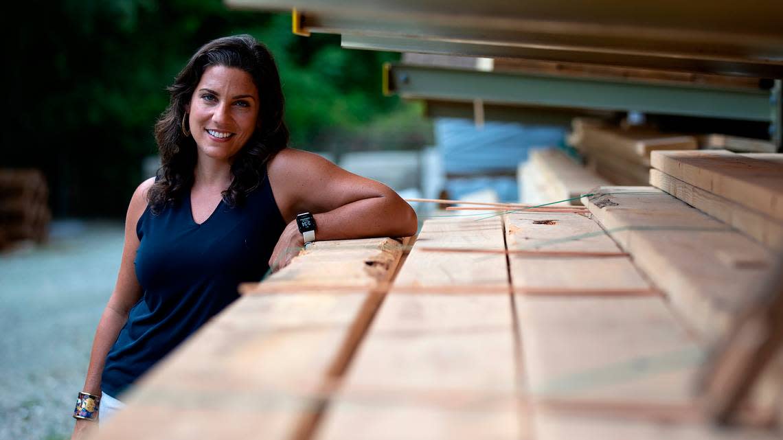 Nora El-Khouri Spencer, founder and CEO of Hope Renovations, is photographed outside of the organization’s workshop and training facility in Carrboro, N.C. on Thursday, July 28, 2022.