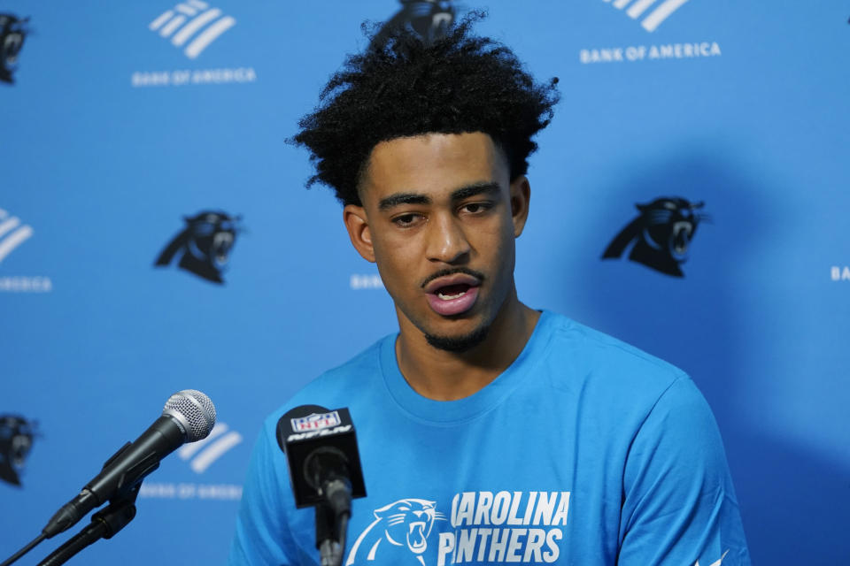 Carolina Panthers quarterback Bryce Young (9) speaks during a post game news conference following an NFL football game against the Miami Dolphins, Sunday, Oct. 15, 2023, in Miami Gardens, Fla. The Dolphins defeated the Panthers 42- 21. (AP Photo/Lynne Sladky)