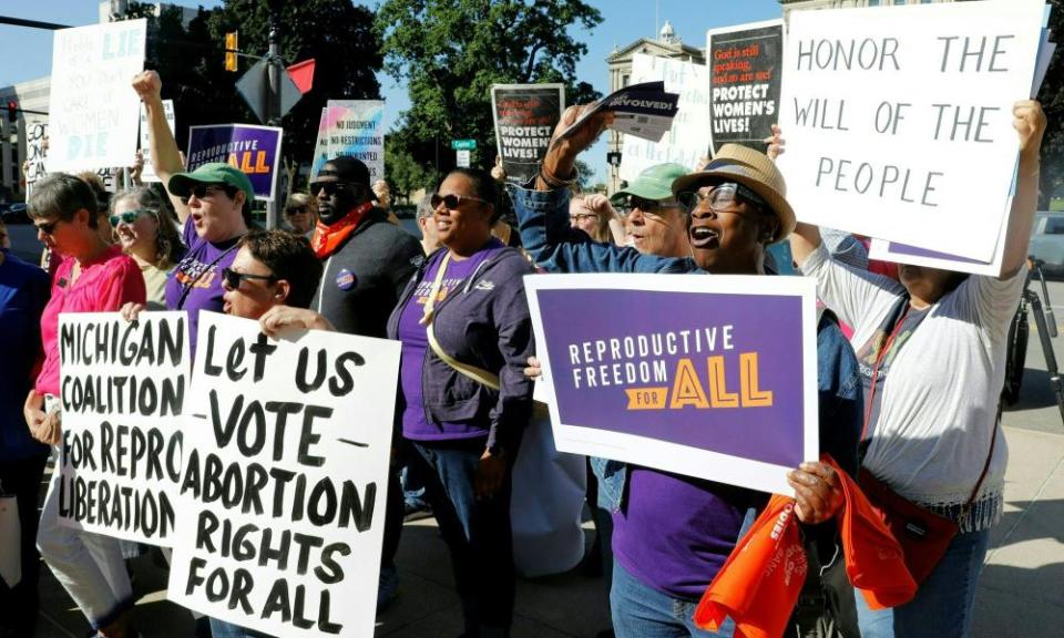 Pro-choice campaigners outside the capitol in Lansing, Michigan.