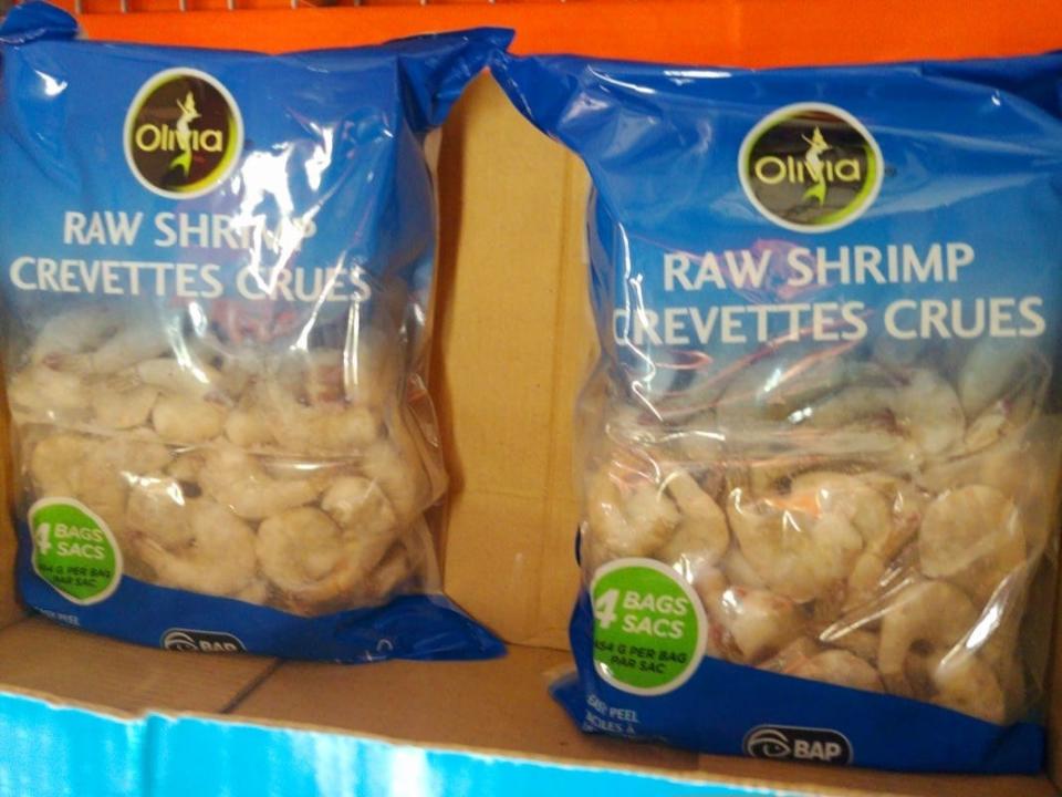 Packages of Olivia raw shrimp at Costco