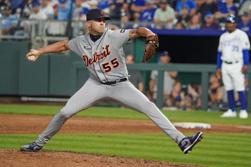 Detroit Tigers relief pitcher Alex Lange (55) delivers a pitch against the Kansas City Royals in the ninth inning at Kauffman Stadium in Kansas City, Missouri, on Monday, July 17, 2023.