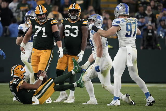 January 8, 2023: Detroit Lions defensive end Aidan Hutchinson (97) sacks  Green Bay Packers quarterback Aaron Rodgers (12) during a football game in  Green Bay, Wisconsin. Kirsten Schmitt/Cal Sport Media/Sipa USA(Credit  Image: ©