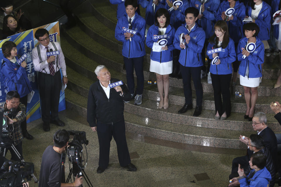 Tsai Eng-meng, owner of CTi TV, speaks on the last night before the cable news channel halts its broadcast operations at the hall of CTi TV in Taipei, Taiwan, Friday, Dec. 11, 2020. CTi TV, a leading pro-China cable news channel, halted its broadcast operations at midnight Friday after Taiwan''s government refused to renew its license, citing accuracy issues. (AP Photo/Chiang Ying-ying)