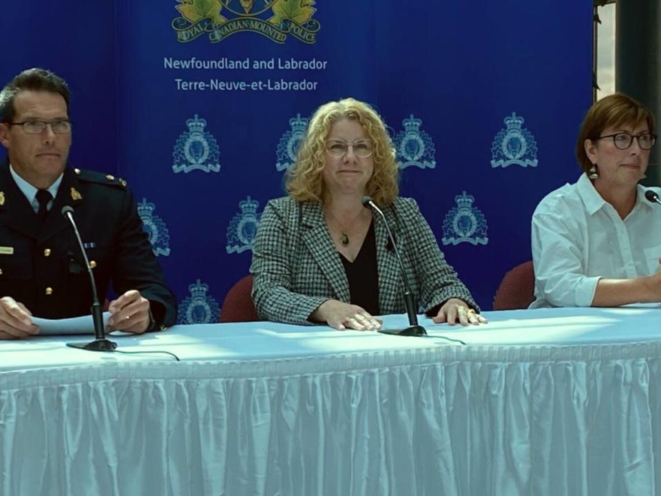 RCMP Insp. Stefan Thoms, RCMP Const. Colleen Noble and Thrive executive director Angela Crockwell spoke to reporters about the outcome of Project Badminton at a press conference Thursday afternoon. (Rob Antle/CBC - image credit)