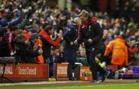 Football Soccer - Liverpool v Arsenal - Barclays Premier League - Anfield - 13/1/16 Liverpool manager Juergen Klopp celebrates after Roberto Firmino (not pictured) scores their second goal Reuters / Phil Noble Livepic