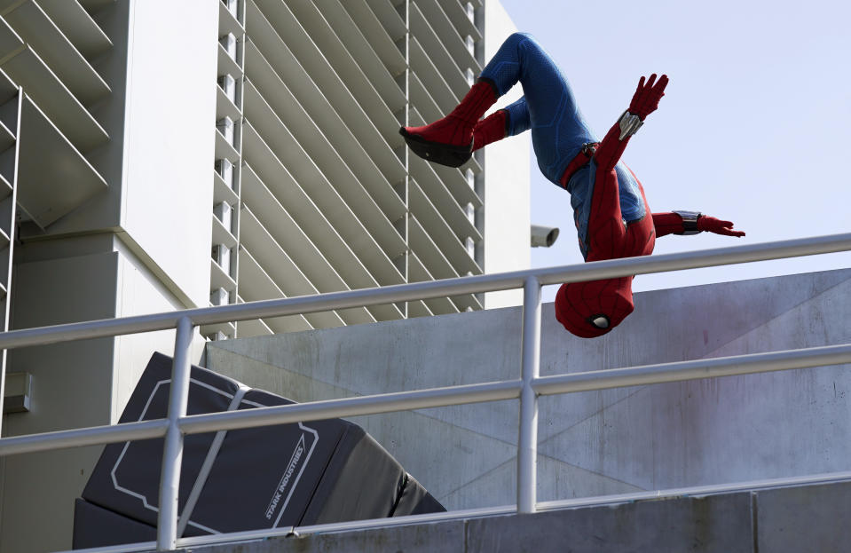 A Spider-Man character performs during "The Amazing Spider-Man!" show at the Avengers Campus media preview at Disney's California Adventure Park on Wednesday, June 2, 2021, in Anaheim, Calif. (AP Photo/Chris Pizzello)