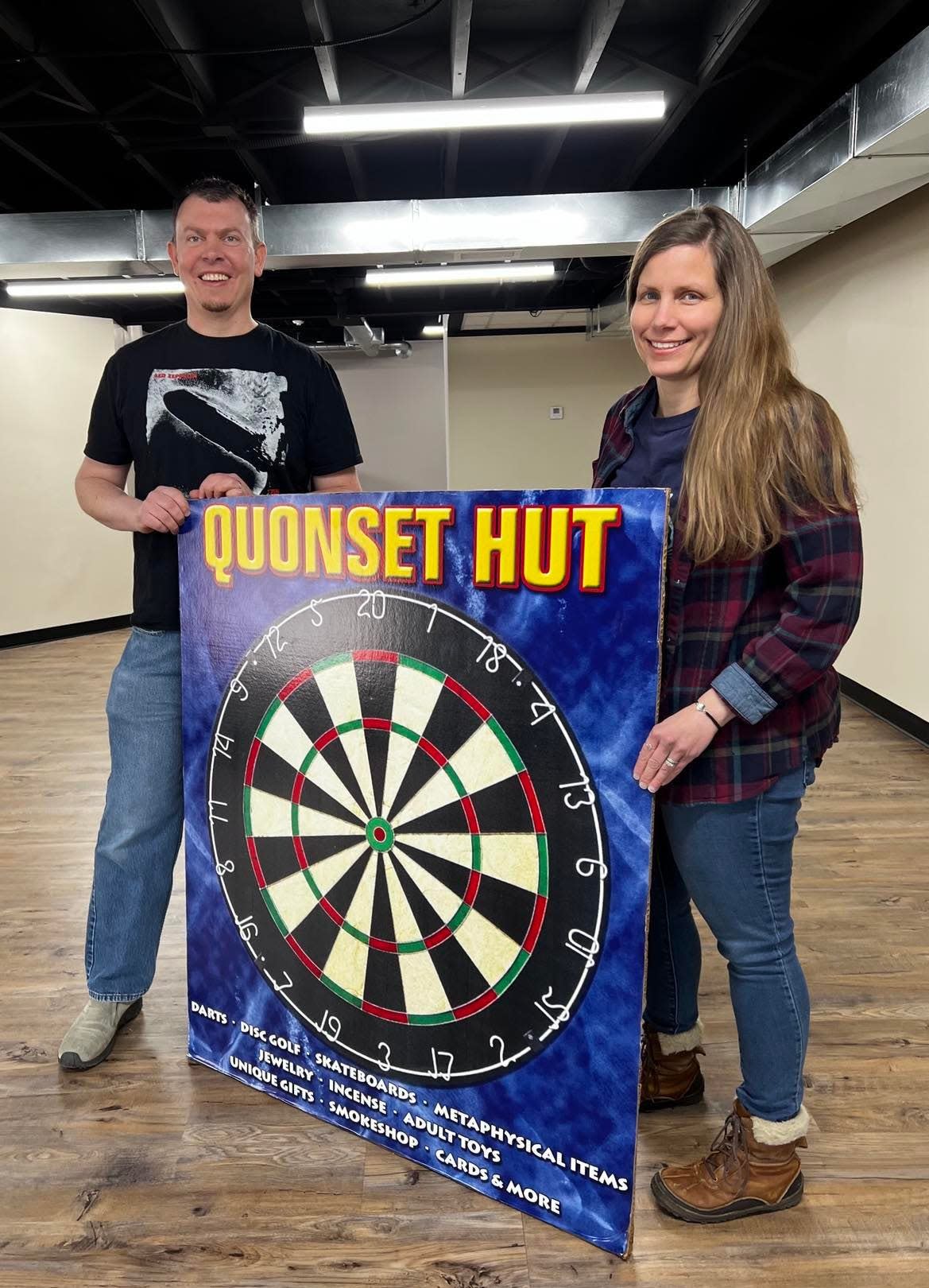 Matt Hisrich and Megan Traynor of Quonset Hut are shown at a new multi-purpose community space. Possible uses include live music, art shows, pop-up jewelry and clothing stores, record swaps, disc golf equipment testing and community events. Quonset Hut, 3775 Cleveland Ave. NW in Canton, is holding a grand opening event 11 a.m. to 3 p.m. Saturday at the new space next door.