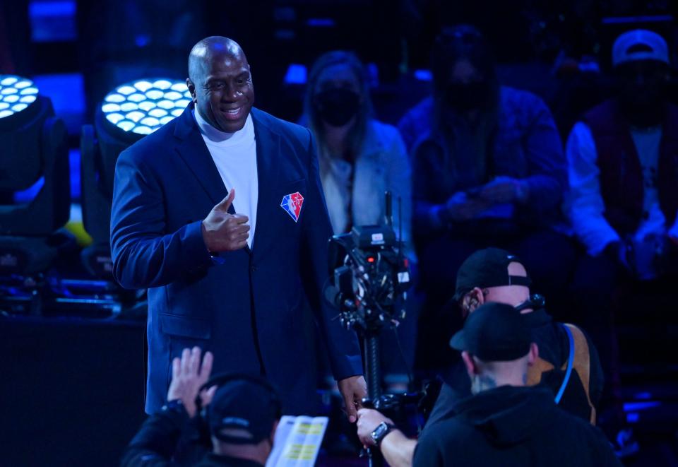 Magic Johnson at halftime during the 2022 NBA All-Star Game, Feb. 20, 2022, in Cleveland.