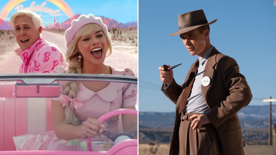 From left: Ryan Gosling and Margot Robbie in "Barbie" and Cillian Murphy in "Oppenheimer." - Warner Bros Pictures/Universal Pictures