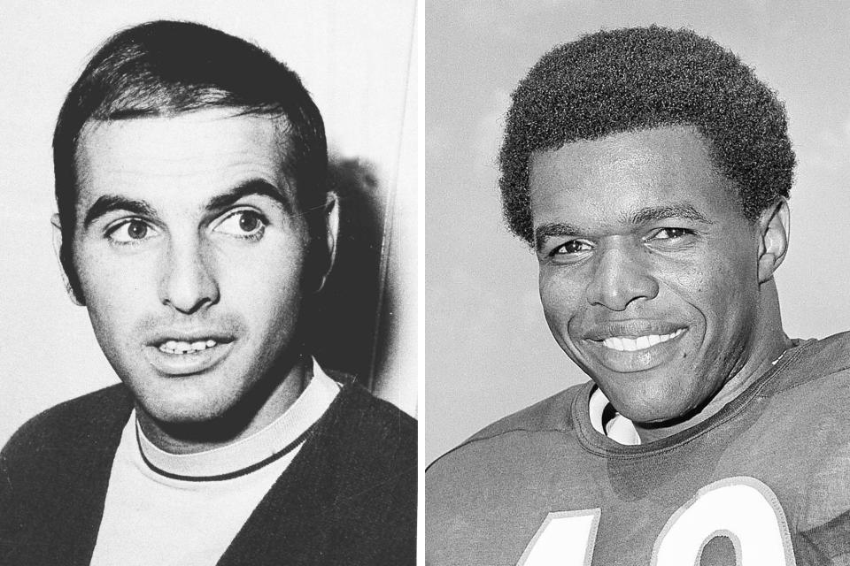 FILE - From left are 1970 file photos showing Brian Piccolo and Gale Sayers. Hall of Famer Gale Sayers, who made his mark as one of the NFL’s best all-purpose running backs and was later celebrated for his enduring friendship with Chicago Bears teammate Brian Piccolo, has died. He was 77. Nicknamed “The Kansas Comet” and considered among the best open-field runners the game has ever seen, Sayers died Wednesday, Sept. 23, 2020, according to the Pro Football Hall of Fame. (AP Photo/File)