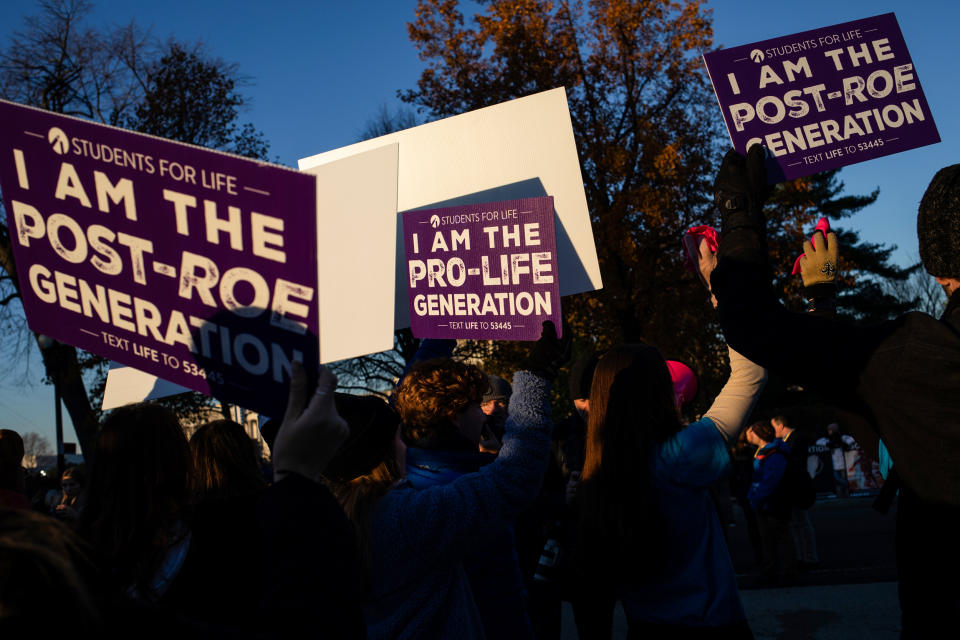 Anti-abortion demonstrators outside the Supreme Court on Dec. 1, 2021. (Emily Elconin / Bloomberg via Getty Images file)