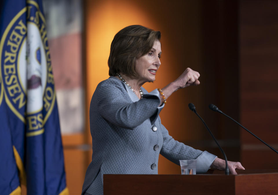 Speaker of the House Nancy Pelosi, D-Calif., speaks during a news conference on Capitol Hill in Washington, Thursday, Feb. 27, 2020. Democrats are increasingly anxious about Bernie Sanders and the damage they feel the party's presidential front-runner could do to their prospects of retaining House control. There are also growing questions about what, if anything, Speaker Nancy Pelosi should do about it. (AP Photo/J. Scott Applewhite)