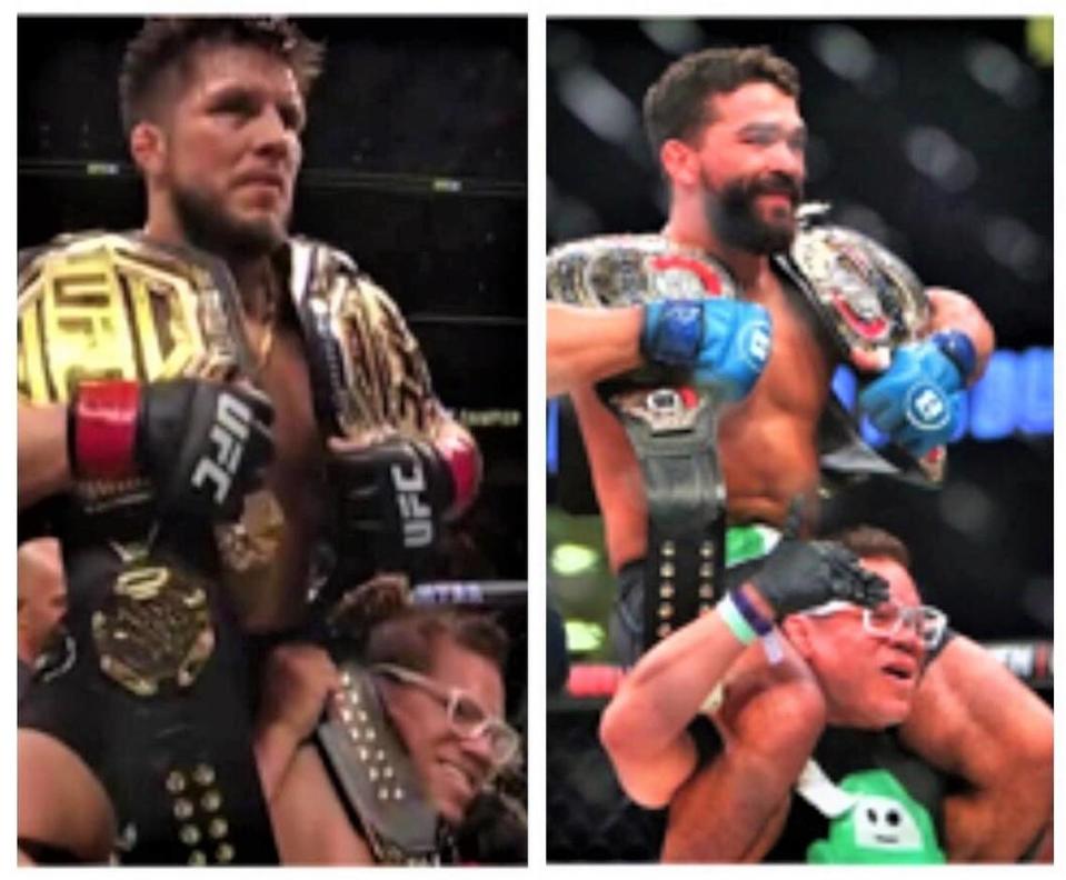 Coach Eric Albarracin with MMA champions Henry Cejudo (left) and Patricio “Pitbull” Freire.