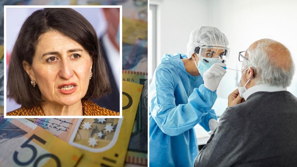 NSW Premier Gladys Berejiklian speaks at press conference, Australian $50 notes, senior man receives COVID-19 nasal swab. 