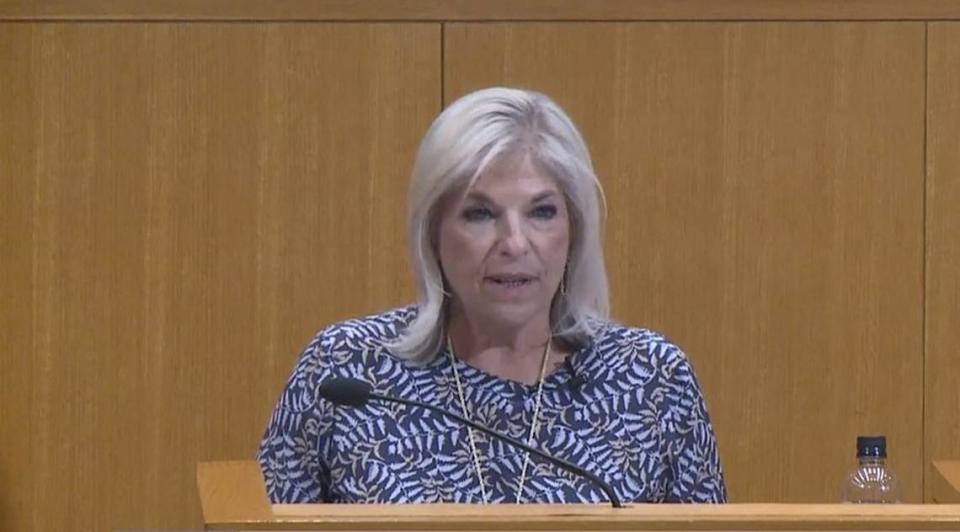 In this screenshot from meeting video, Mecklenburg County Manager Dena Diorio presents the 2023 fiscal year budget presentation to commissioners Tuesday.