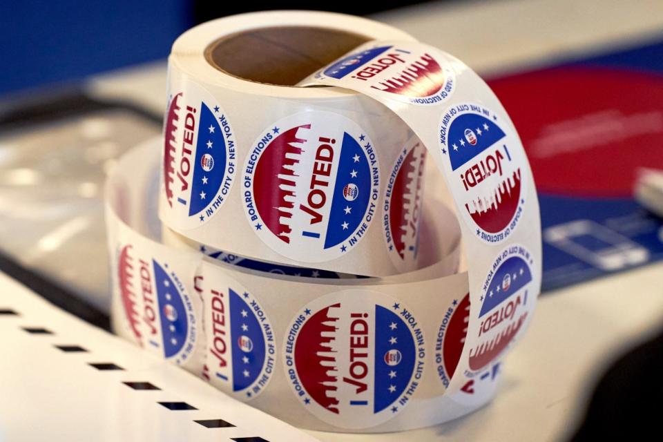 PHOTO: 'I Voted' stickers at a polling center inside PS 103 Hector Fontanez in the Wakefield neighborhood of the Bronx borough of New York, June 25, 2024.  (Bing Guan/Bloomberg via Getty Images)