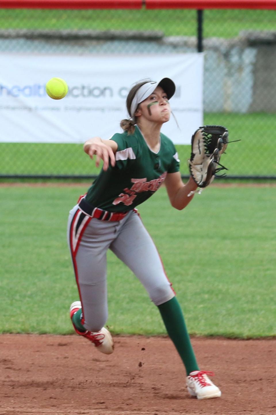 Oak Harbor's Reese Adkins throws to first base for an out.