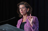 In this Tuesday, Sept. 28, 2021, photo Commerce Secretary Gina Raimondo speaks at The Economic Club of Washington. As President Joe Biden's de facto tech minister, Raimondo is tasked with ensuring the United States will be the world leader in computer chips. The lowly computer chip has become the essential ingredient for autos, medical devices, computers, phones, toys, thermostats, washing machines, weapons, LED bulbs, and even some watches. But there is a global shortage, creating a drag on growth and fueling inflation on the cusp of the 2022 elections. Raimondo is working to increase production of chips as well as solar panels and batteries to help the United States thrive. (AP Photo/Alex Brandon)