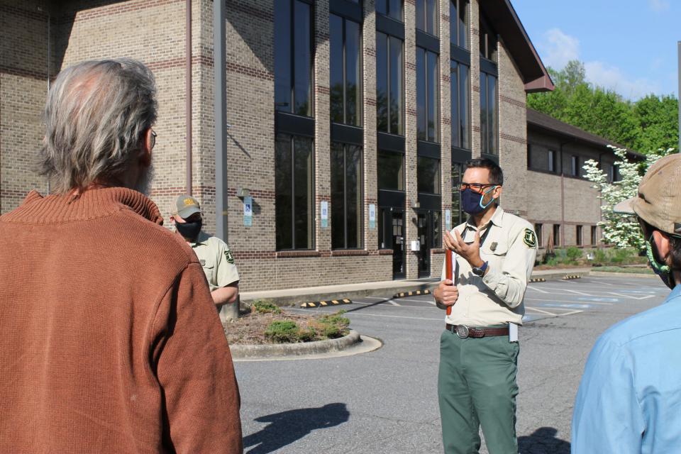 James Melonas, Forest Supervisor of the National Forests in North Carolina, speaks to a group April 30, 2021 about the forest service's Southside Project.