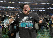 <p>Philadelphia Eagles’ Nate Gerry celebrates after the NFL Super Bowl 52 football game against the New England Patriots Sunday, Feb. 4, 2018, in Minneapolis. The Eagles won 41-33. (AP Photo/Jeff Roberson) </p>