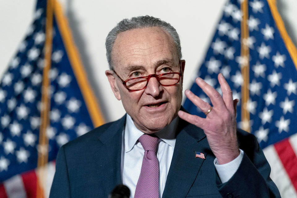 FILE - Senate Majority Leader Chuck Schumer of N.Y., speaks at a news conference following a Democratic policy luncheon on Capitol Hill in Washington, Feb. 8, 2022. Democrats have conflicting views of what they're accomplishing in the 50-50 Senate. And of how to take advantage of their control. Schumer said that while differences with Republicans “are real," Democrats cannot “ignore the genuine chances for progress" when bipartisanship is possible. (AP Photo/Andrew Harnik, File)