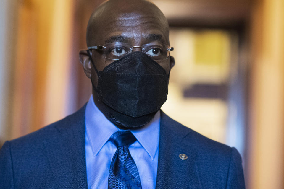 Sen. Raphael Warnock, D-Ga., is seen during a Senate vote in the Capitol on Tuesday, March 23, 2021. (Tom Williams/CQ Roll Call via Getty Images)