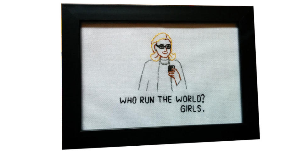 <p>Hillary Clinton needlepoint, $30, <a rel="nofollow noopener" href="https://www.etsy.com/listing/108781142/hillary-clinton-needlepoint-who-run-the?ga_order=most_relevant&ga_search_type=all&ga_view_type=gallery&ga_search_query=hillary%20clinton&ref=sr_gallery_12" target="_blank" data-ylk="slk:etsy.com;elm:context_link;itc:0;sec:content-canvas" class="link ">etsy.com</a>.</p>