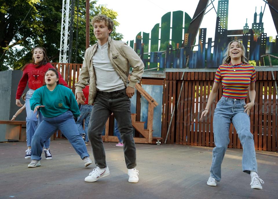 Tia Apicella, Madeleine Aubin, Ryan Behan and Sophie Calderwood in this file photo rehearse last year's summer show "Footloose" on the Prescott Park stage.