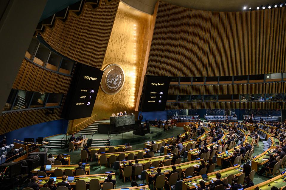 A general view shows voting results during a United Nations General Assembly emergency meeting to discuss Russian annexation in Ukraine at U.N. headquarters in New York City on Oct. 12, 2022. The United Nations General Assembly on Wednesday overwhelmingly voted to condemn Russia's annexations of parts of Ukraine after Moscow vetoed a similar effort in the Security Council. / Credit: ED JONES/AFP/Getty Images