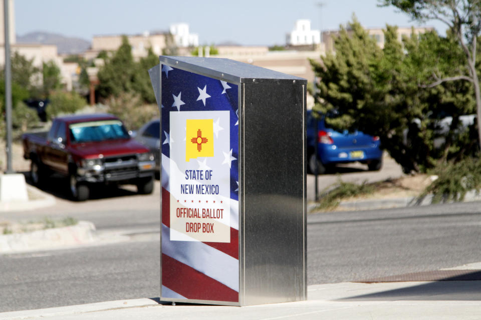 A ballot drop box awaits deposits at an early voting center in Santa Fe, N.M., on Wednesday, June 1, 2022. Absentee and early in-person voting were underway in advance of Election Day on June 7. Democrats are deciding between two candidates for attorney general to compete in an open race in November. Five Republican candidates are pursuing the nomination for governor to take on incumbent Democratic Gov. Michelle Lujan Grisham in the November general election. (AP Photo/Morgan Lee)