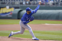 Toronto Blue Jays starting pitcher Robbie Ray delivers to a Kansas City Royals batter during the first inning of a baseball game at Kauffman Stadium in Kansas City, Mo., Sunday, April 18, 2021. (AP Photo/Orlin Wagner)