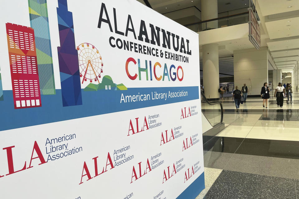 The entrance to the American Library Association annual conference is seen, June 24, 2023, in Chicago. State libraries in three states and some local libraries have severed ties with the ALA amid what some conservatives say has been politicization of the librarian professional organization. ALA officials deny having a political agenda, saying it has always been nonpartisan and that parents should have the freedom to decide what books their children can read. (AP Photo/Claire Savage)