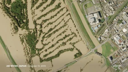 Satellite image shows the flooded Aki River in the aftermath of Typhoon Hagibis in Japan