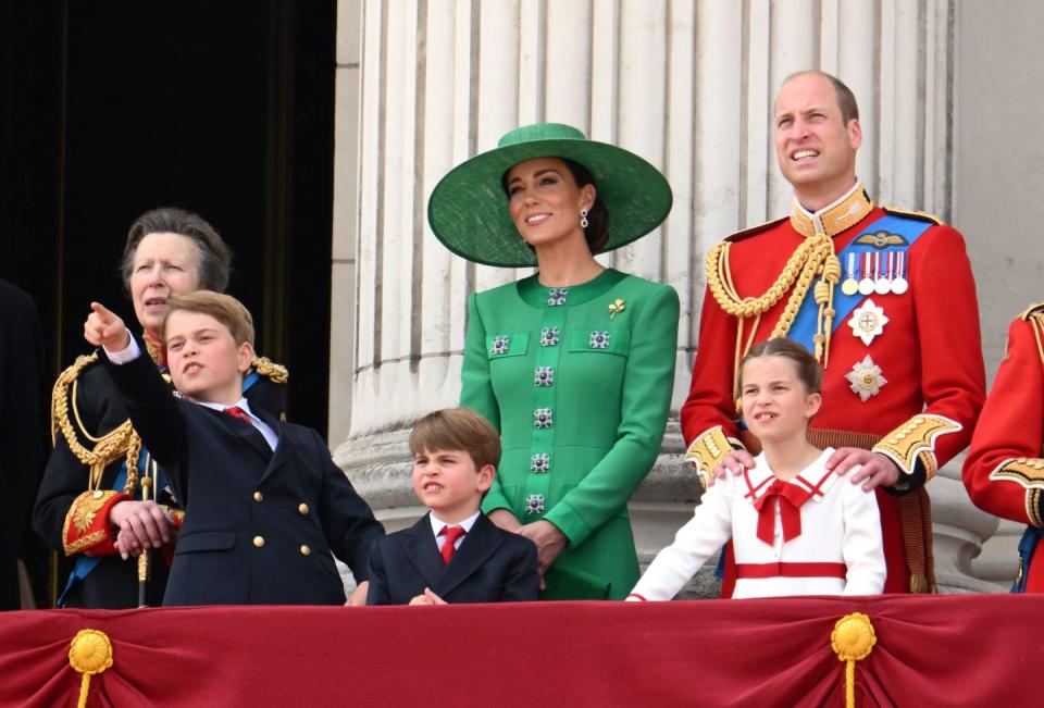 london, england june 17 prince george of wales, prince louis of wales, catherine, princess of wales, princess charlotte of wales and prince william, prince of wales stand on the balcony of buckingham palace to watch a fly past of aircraft by the royal air force during trooping the colour on june 17, 2023 in london, england trooping the colour is a traditional parade held to mark the british sovereigns official birthday it will be the first trooping the colour held for king charles iii since he ascended to the throne photo by karwai tangwireimage