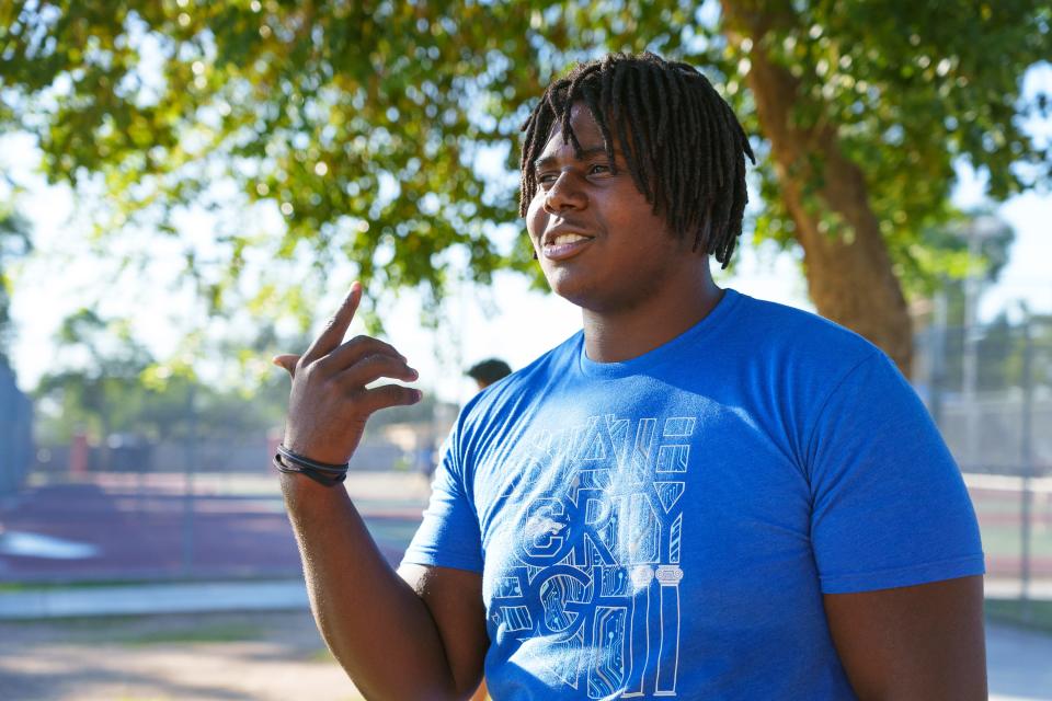 Offensive lineman, Birdie Holloway speaks to a reporter before practice at Chandler High School on Oct. 24, 2022, in Chandler, AZ.