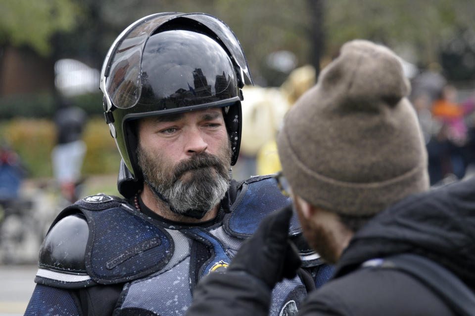 Proud Boy Alan Swinney at a rally. (Photo: NurPhoto via Getty Images)