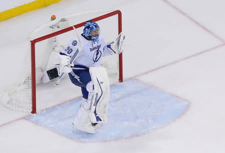 May 29, 2015; New York, NY, USA; Tampa Bay Lightning goalie Ben Bishop (30) celebrates after defeating the New York Rangers in game seven of the Eastern Conference Final of the 2015 Stanley Cup Playoffs at Madison Square Garden. Adam Hunger-USA TODAY Sports