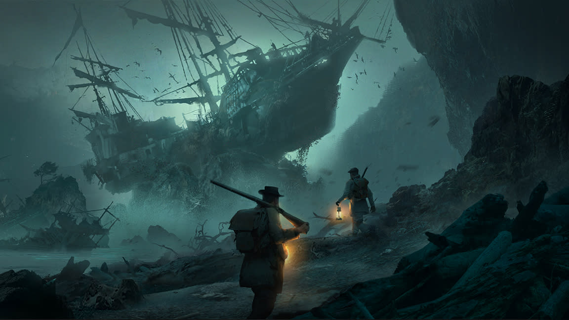  Nightingale art director interview; people walk on a stormy beach, a shipwreck in the distance. 