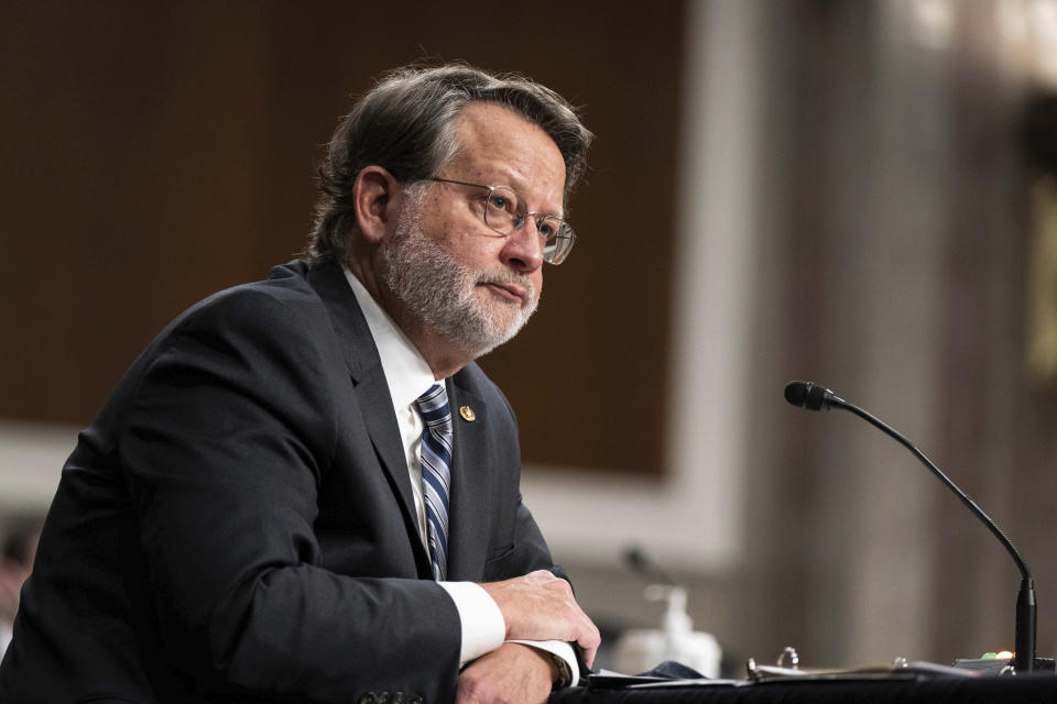 Sen. Gary Peters., D-Mich., speaks during a hearing to examine United States Special Operations Command and United States Cyber Command in review of the Defense Authorization Request for fiscal year 2022 and the Future Years Defense Program, on Capitol Hill, Thursday, March 25, 2021, in Washington. (Anna Moneymaker/The New York Times via AP, Pool)