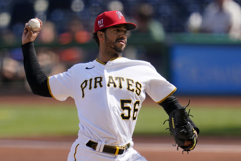 Pittsburgh Pirates pitcher Duane Underwood Jr. delivers during the second inning of the team's baseball game against the Milwaukee Brewers in Pittsburgh, Saturday, July 3, 2021. (AP Photo/Gene J. Puskar)