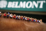 An outrider's horse has their mane braided and tied ahead of the Belmont Stakes horse race, Saturday, June 10, 2023, at Belmont Park in Elmont, N.Y. (AP Photo/John Minchillo)