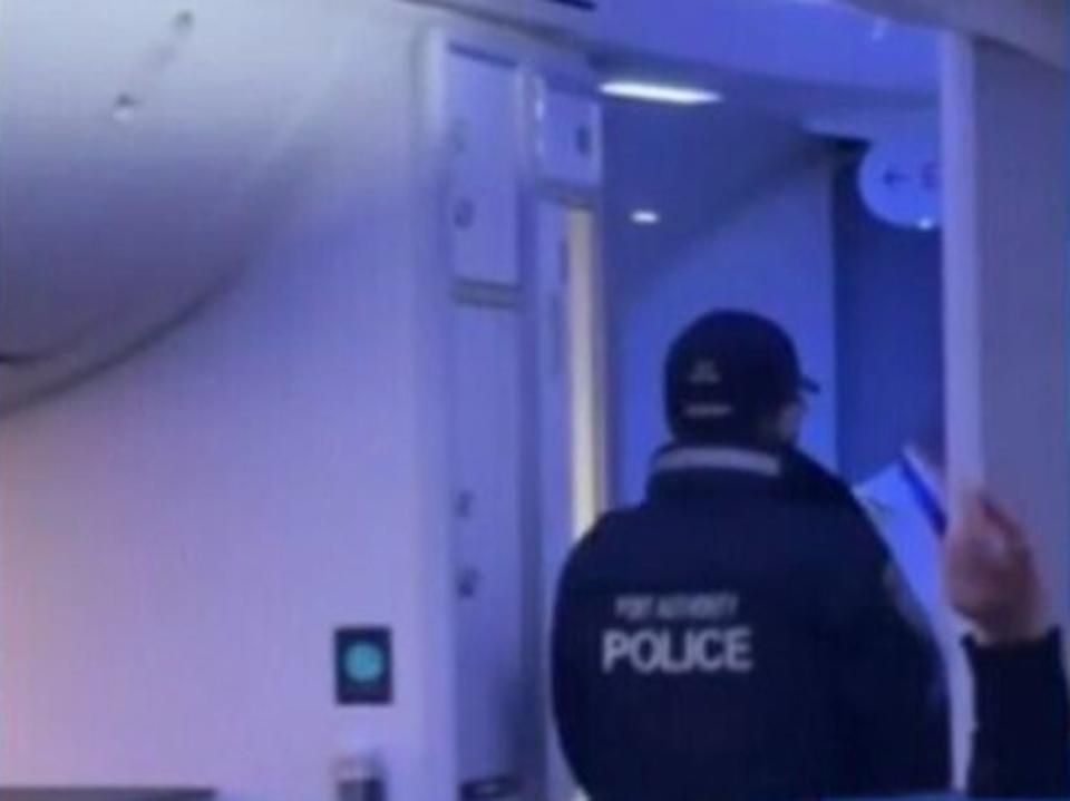 La policía abordó el avión para arrestar a los pasajeros revoltosos (Channel 12 News / Screenshot)