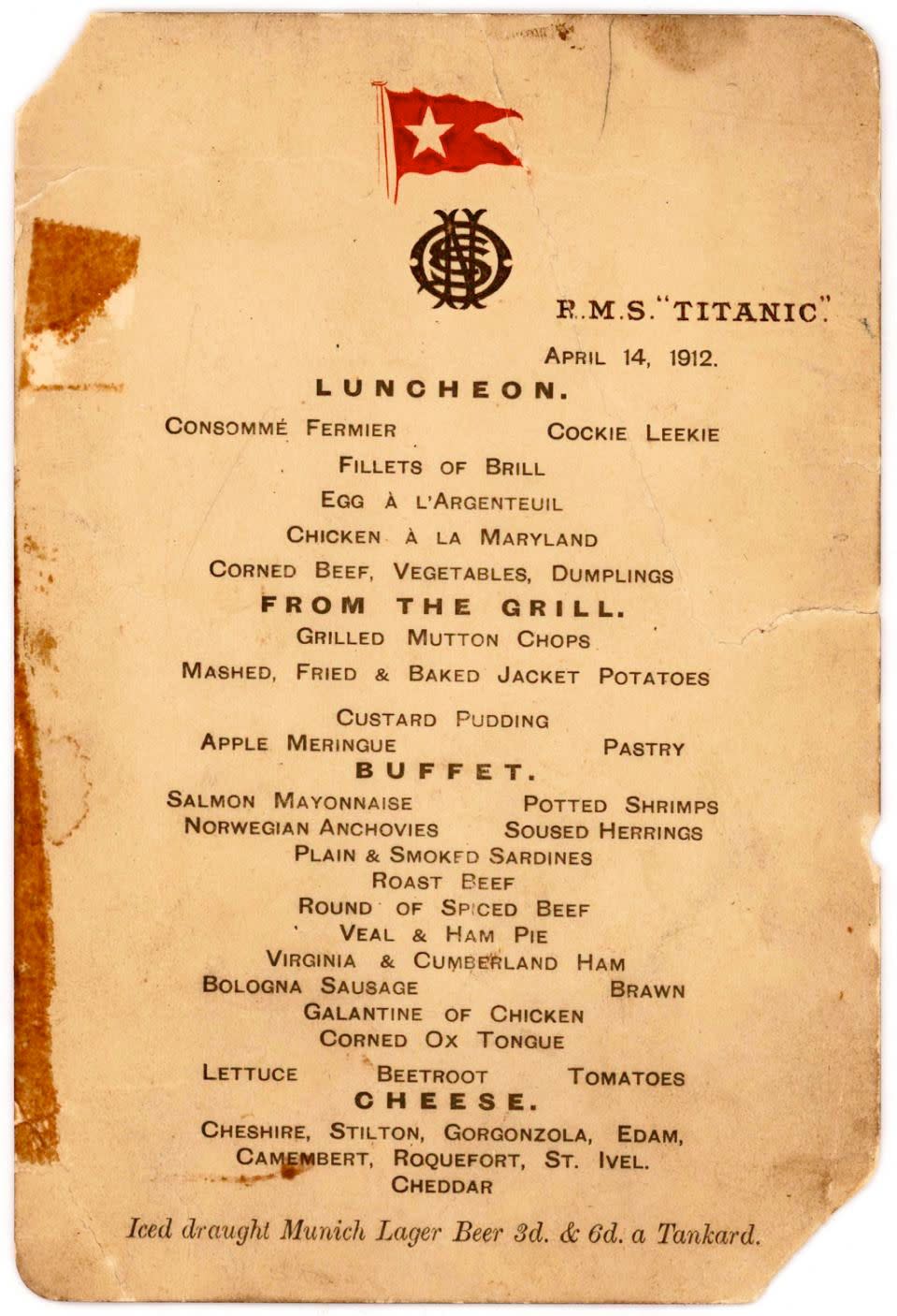 The menu — saved by a passenger who climbed aboard the so-called “Money Boat” before the ocean liner went down — was sold at an auction. Photo: Lion Heart Autographs