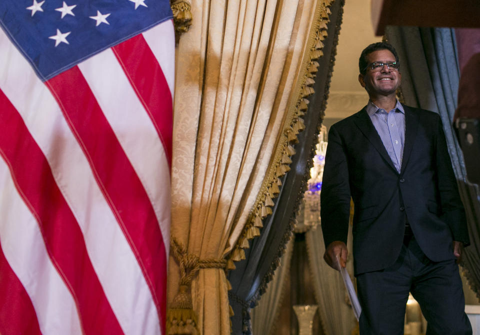 Pedro Pierluisi, sworn in as Puerto Rico’s governor last week, arrives to speak to the press at the government mansion La Fortaleza in San Juan, Puerto Rico, Tuesday, Aug. 6, 2019. After a sustained protest movement led to the resignation of the previous governor, the island's 3.2 million people now await the final outcome of the constitutional deadlock pitting Puerto Rico's Senate against Pedro Pierluisi. (AP Photo/Dennis M. Rivera Pichardo)